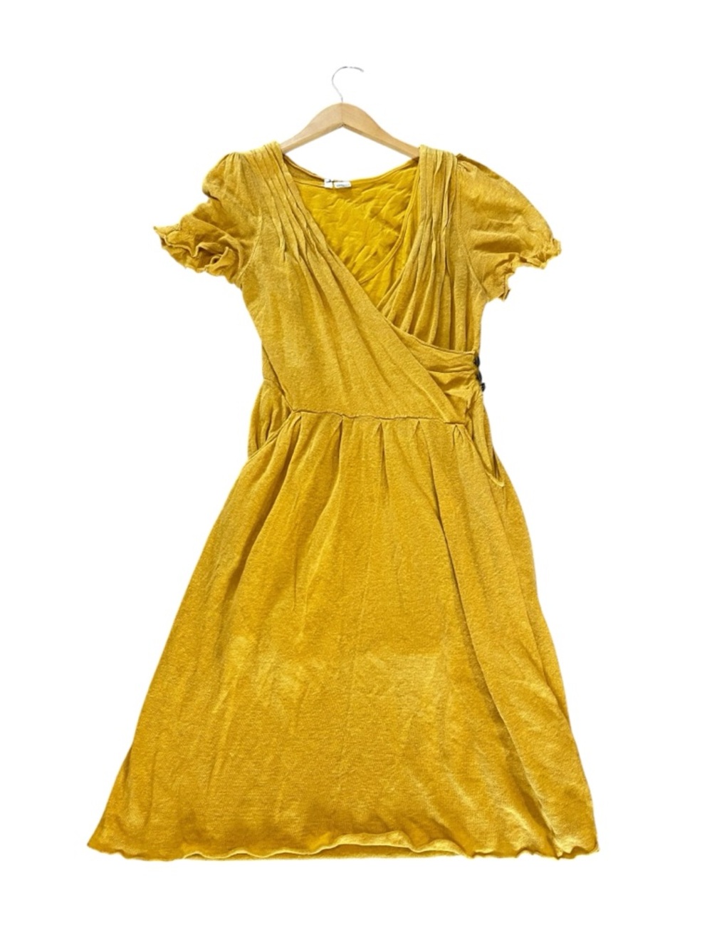 Anthropologie Moth Mustard Yellow Linen Cotton Midi Dress Womens M Faux Wrap - Picture 2 of 7